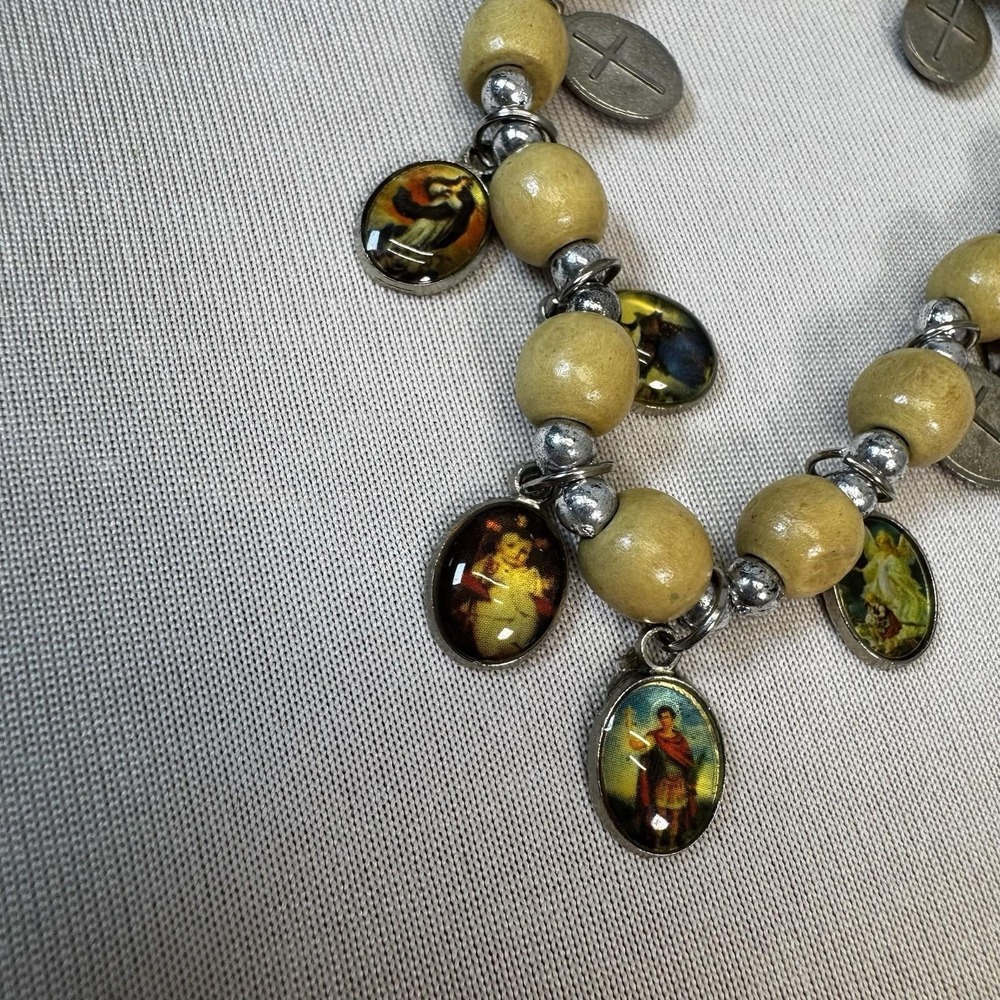 Catholic Saint Religious Charm Bracelet Wood Beads Cross Icons Stretch Jewelry